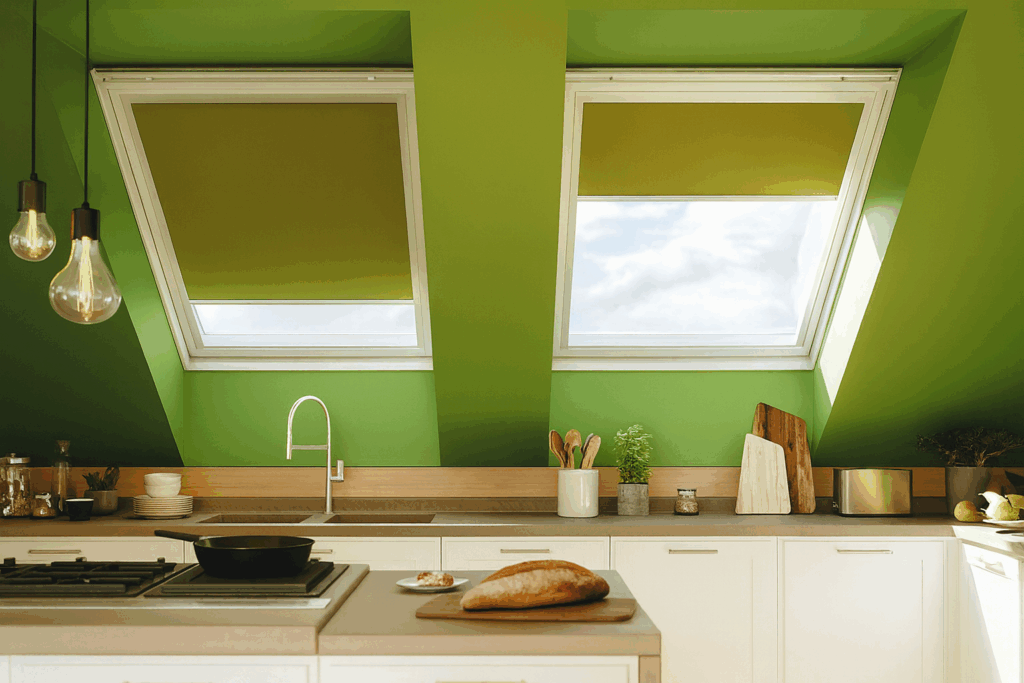 Moderní světlá kuchyně se zelenými stěnami a látkovými roletami do kuchyně na střešních oknech.