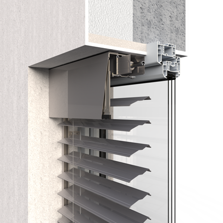 průřez typem montáže venkovní žaluzie s krycím plechem