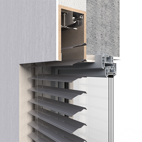 Průřez typem montáže venkovní žaluzie v podomítkové schránce