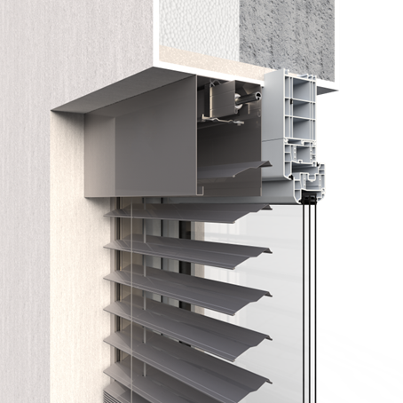 Průřez typem montáže venkovní žaluzie pomocí Comfort systému