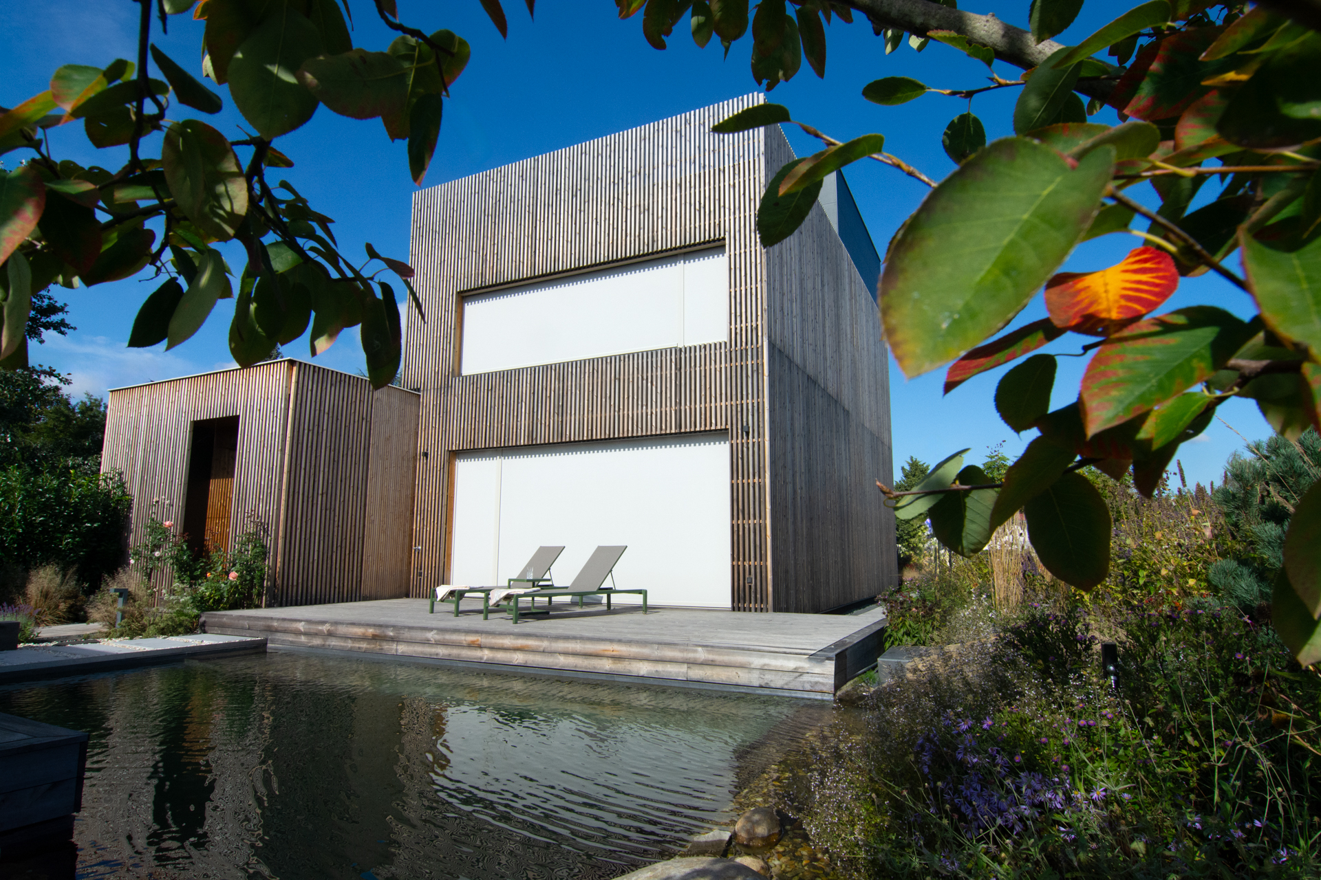 Moderní dřevostavba se ZIP screenovými roletami CLIMAX – venkovní plátěné rolety chrání interiér před sluncem a zajišťují soukromí.