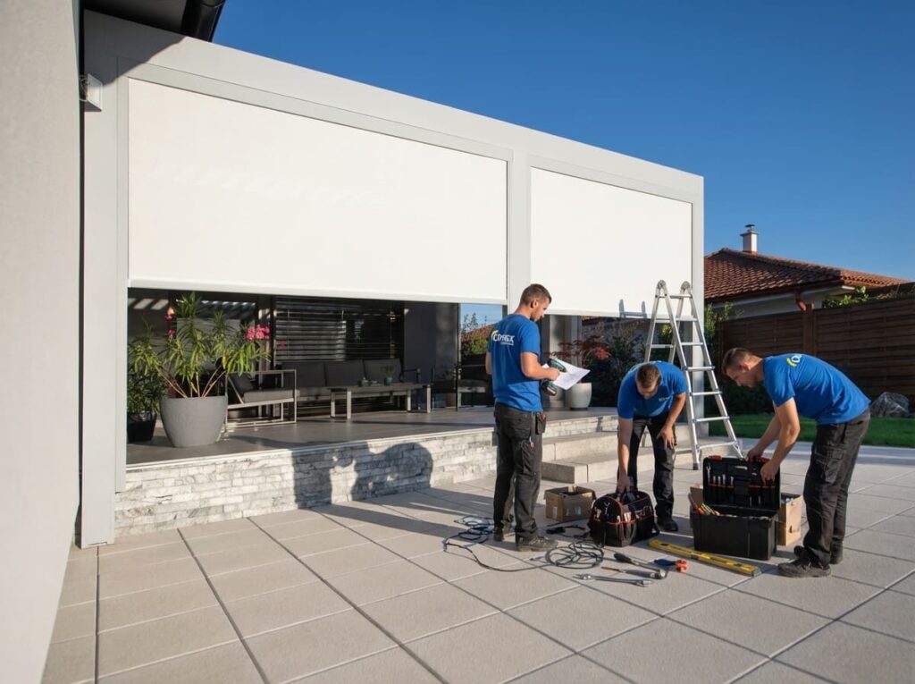 Tři technici Climaxu se připravují na opravu venkovních rolet před moderním rodinným domem — prohlížejí dokumentaci a chystají nářadí.